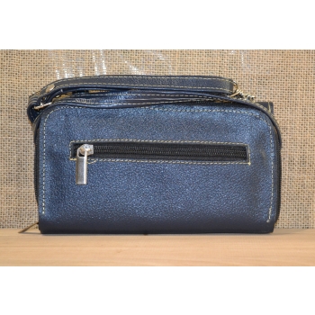 Portfel torebka skórzana granatowa z kwiatowym kolorowym haftem .